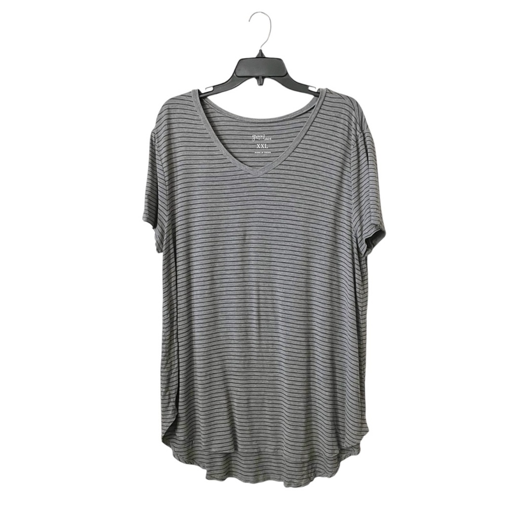 Grace Lace Womens Tee Womens Size XXL Gray Black Stripe V-Neck Short Sleeve Top